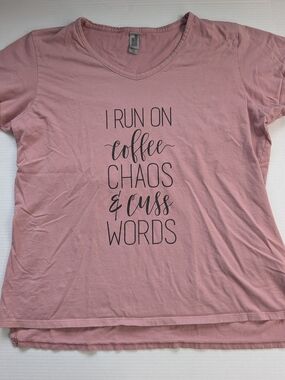 Women’s Dusty Pink V-Neck Graphic Tee - I Run On Coffee Design